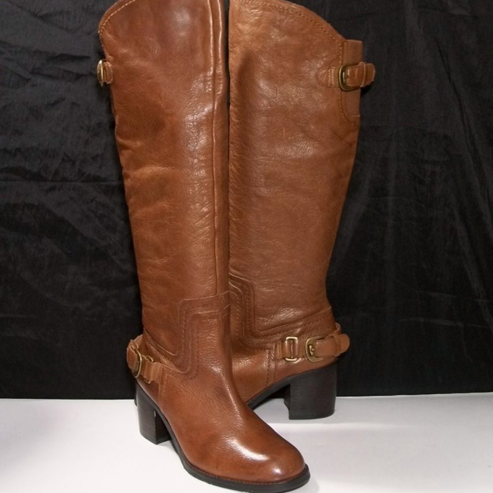 FRANCO SARTO TEMPEST SADDLE TAN LEATHER PULL ON SIDE ZIP TALL RIDING BOOTS 6.5M